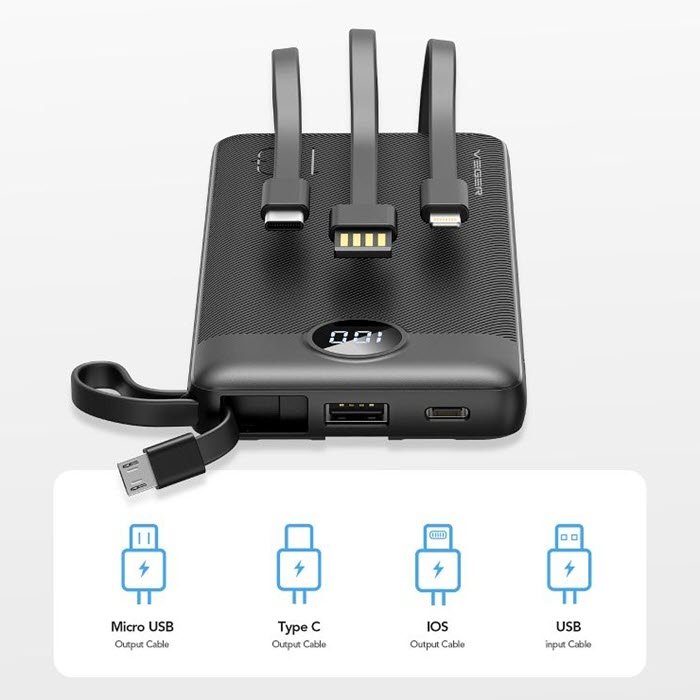 VEGER PowerIQ C10 Powerbank 10.000mAh – mit 4 integrierten Kabeln, LED-Display & Schnellladung – Bild 2